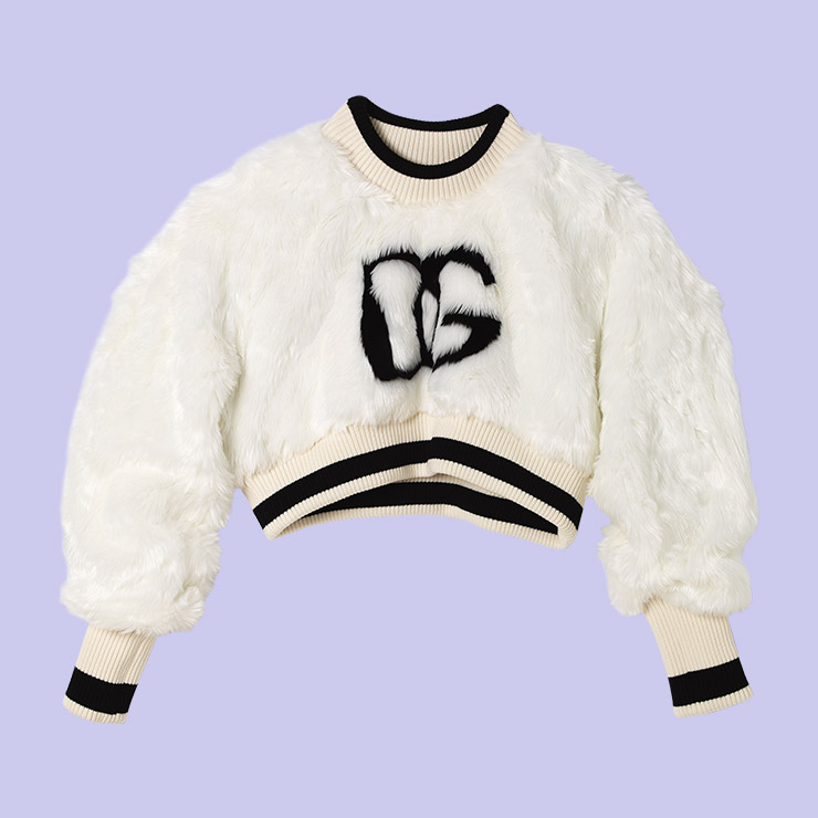 페이크 퍼 크롭트 스웨트셔츠는 가격 미정, Dolce & Gabbana.