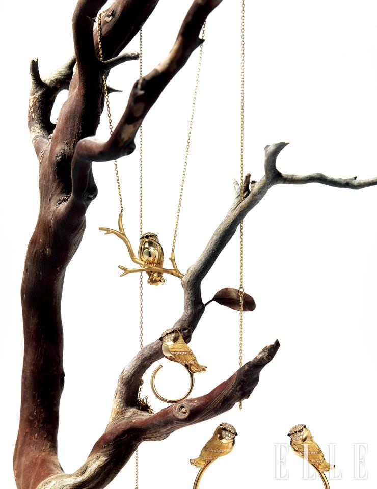 다이아몬드와 오닉스, 블랙 사파이어를 더한 박새가 나뭇가지에 앉아 있는 디자인의 옐로 골드 네크리스, 다이아몬드 파베 세팅과 블랙 사파이어를 장식한 링, 작은 새 두 마리가 장식된 뱅글은 가격 미정, 모두 Boucheron.