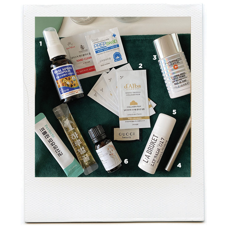 1 오럴 스프레이 프로폴리스, 가격 미정, Viva Pharmaceutical. 2 화이트 트러플 콜라겐 필름, 22만원, D’alba. 3 라이트풀 C+ 코랄 그라스 틴티드 프라이머 SPF 45/PA++++, 5만2천원, MAC. 4 브로우 펜슬, 3만2천원, Laura Mercier. 5 립밤, 017 아몬드, L:a Bruket. 6 유기농 티트리 에센셜 오일, 1만5천원, Daily Aroma. etc. 이너 뷰티로 꼭 챙겨 먹는 하루벌꿀과 유산균, 손 소독을 위한 핸드 클리너 젤과 일회용 알코올 솜.