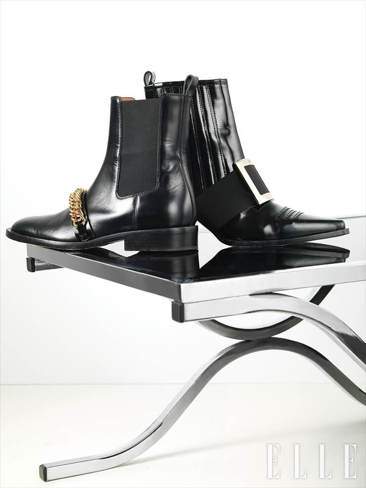 모던한 버클 장식의 앵클부츠는 1백96만원, Roger Vivier. 체인 장식으로 포인트를 준 클래식한 첼시 부츠는 1백63만원, Givenchy.