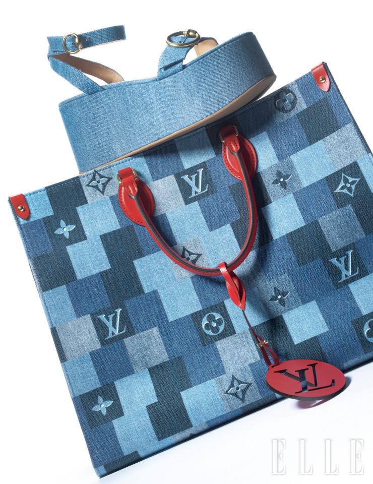 데님 소재의 플랫폼 샌들은 1백18만원, Gianvito Rossi. 데님의 다양한 워싱 컬러를 모자이크한 온더고 GM백은 4백2만원, Louis Vuitton. 