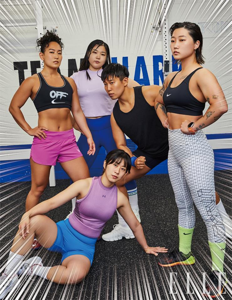 (왼쪽 위부터 시계 방향으로) 에리카가 입은 스포츠브라톱은 Nike X Offwhite. 하프팬츠와 슈즈는 Nike. 하나가 입은 톱은 Nike. 롱삭스는 Duvetica. 러닝화는 Ballop. 샤크가 입은 캐주얼 삭스는 Underarmour. 러닝화는 Ballop. 노아가 입은 스포츠브라톱은 Nike. 패턴 레깅스는 Spyder. 스포츠 미들삭스와 슈즈는 Nike. 제이미가 입은 스포츠브라톱과 러닝화는 Underarmour.