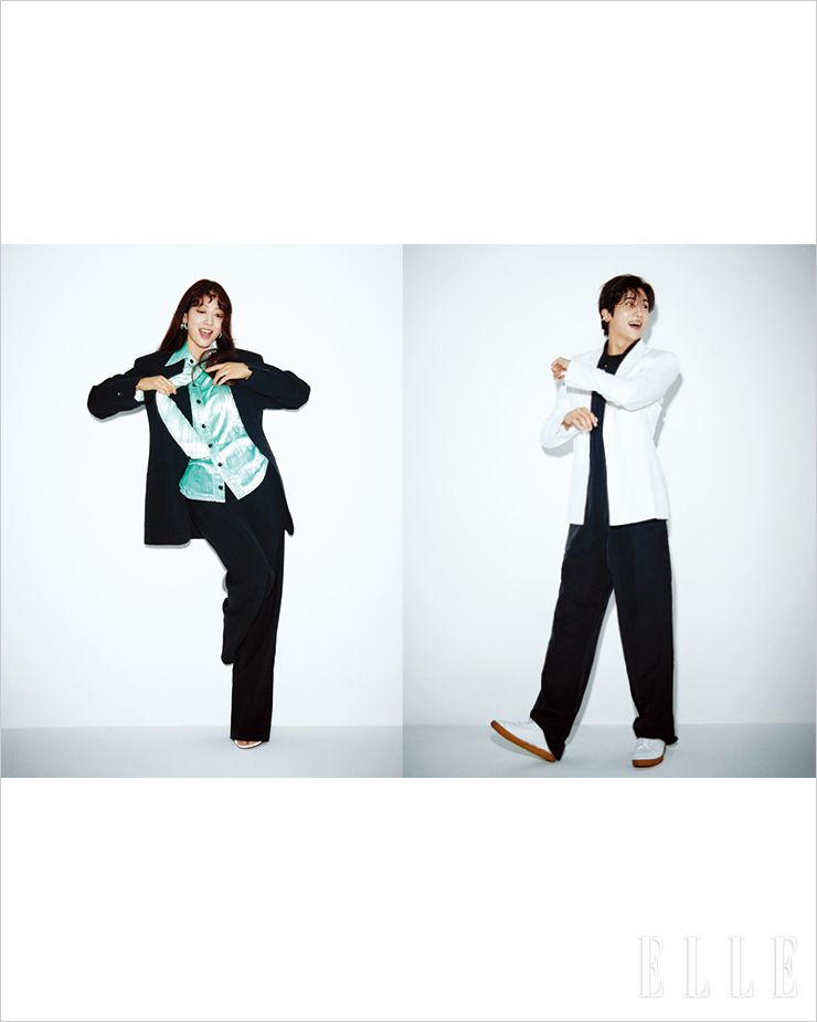 박신혜가 입은 셔츠와 타이, 재킷과 팬츠, 이어링은 모두 Bottega Veneta. 박형식이 입은 재킷과 톱, 점프수트와 이어 커프는 모두 Givenchy. 슈즈는 스타일리스트 소장품. 