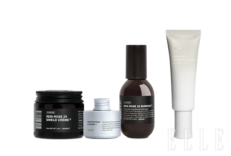 2of3 (왼쪽부터) 주름개선 3주 패키지. 엑스퍼트 렘로즈 25 1제, 엑스퍼트 렘로즈 25 2제, 렘로즈 25 실드 크렘, 시그니처 비트 로제 선스크린으로 구성되어 있다. 7만9천8백원, 디마르3.