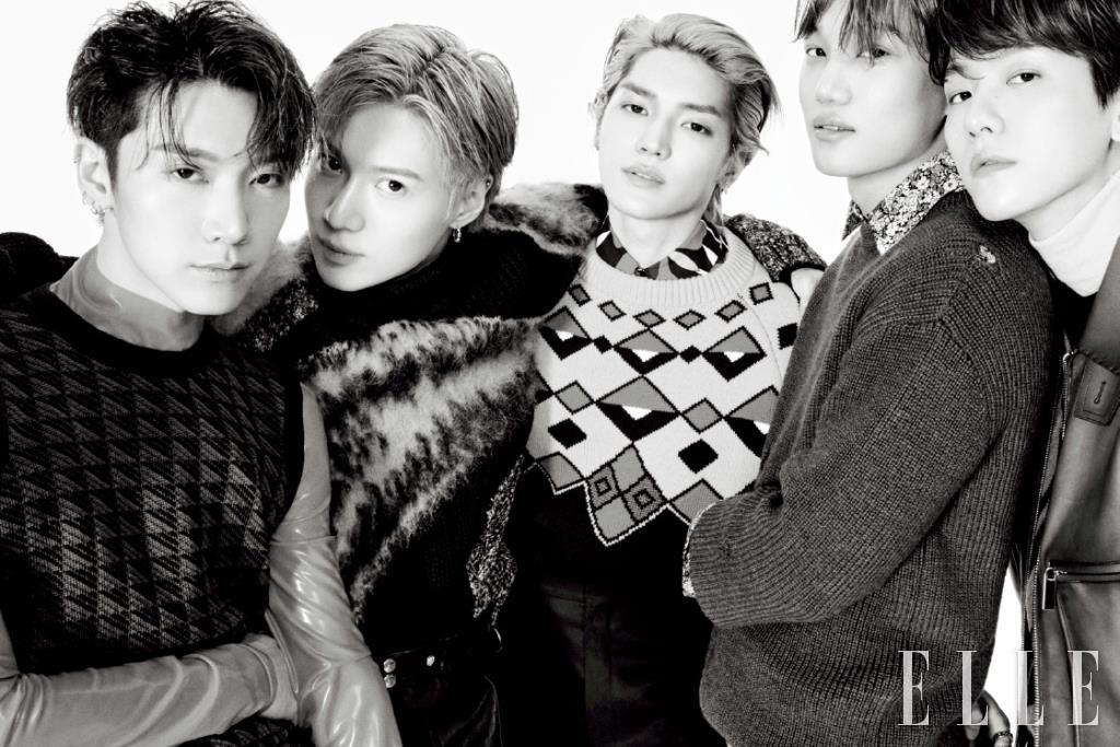 텐이 입은 니트 베스트와 라텍스 소재의 톱, 팬츠는 모두 Givenchy. 태민이 입은 터틀넥과 바이커 팬츠는 모두 Alexander McQueen. 태용이 입은 니트 톱과 셔츠, 팬츠는 모두 Prada. 카이가 입은 니트 톱과 플로럴 패턴의 셔츠는 모두 Gucci. 백현이 입은 레더 재킷과 터틀넥, 니트 톱은 모두 Berluti.