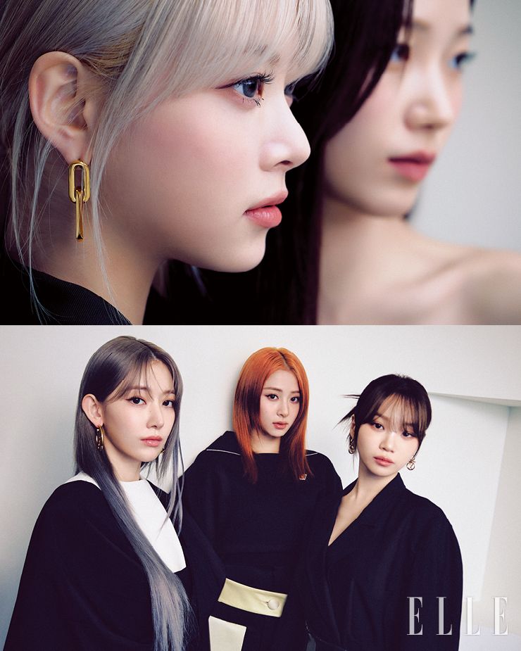 은채가 입은 재킷과 골드 이어링, 사쿠라가 입은 투 톤 미니드레스와 후프 이어링, 윤진이 입은 롱 슬리브 니트 톱과 스커트, 채원이 입은 블랙 재킷과 미니스커트, 이어링은 모두 Louis Vuitton.