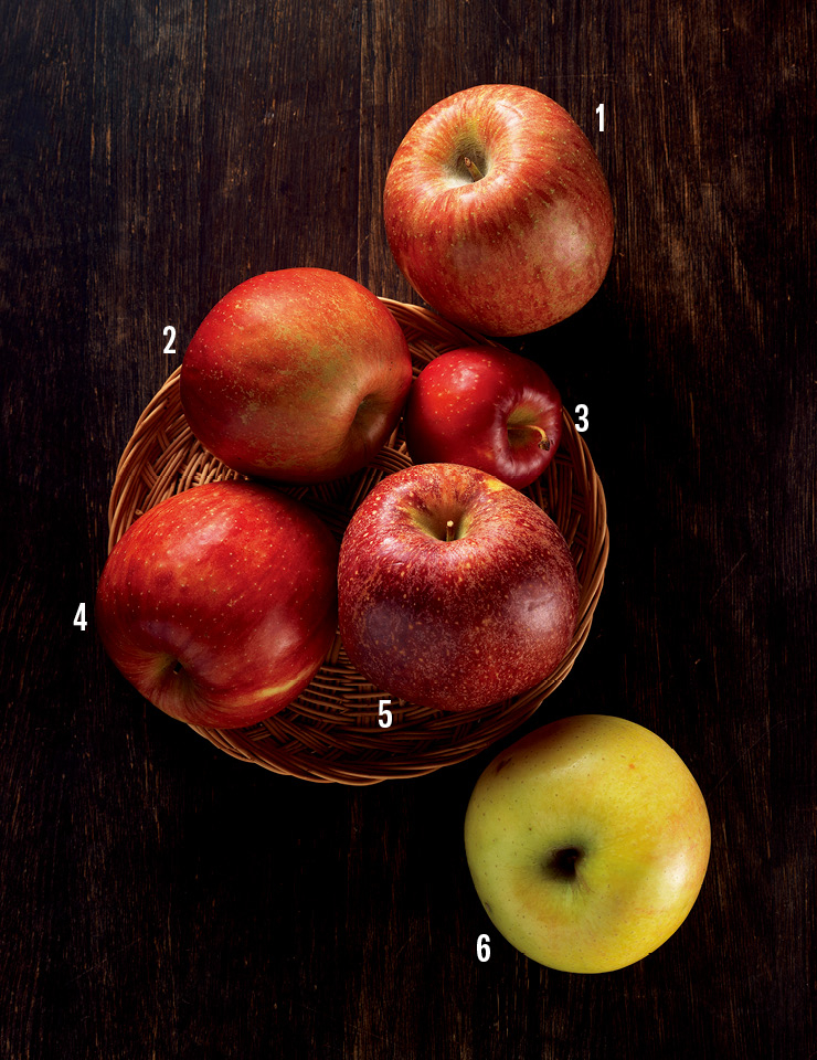  1 부사. 2 홍옥. 3 천홍 미니사과. 4 양광. 5 감홍. 6 시나노골드. 