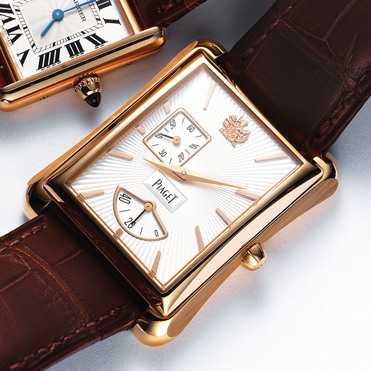 직선과 곡선이 조화를 이루는 악어가죽 스트랩 워치는 2천9백만원대, Piaget.