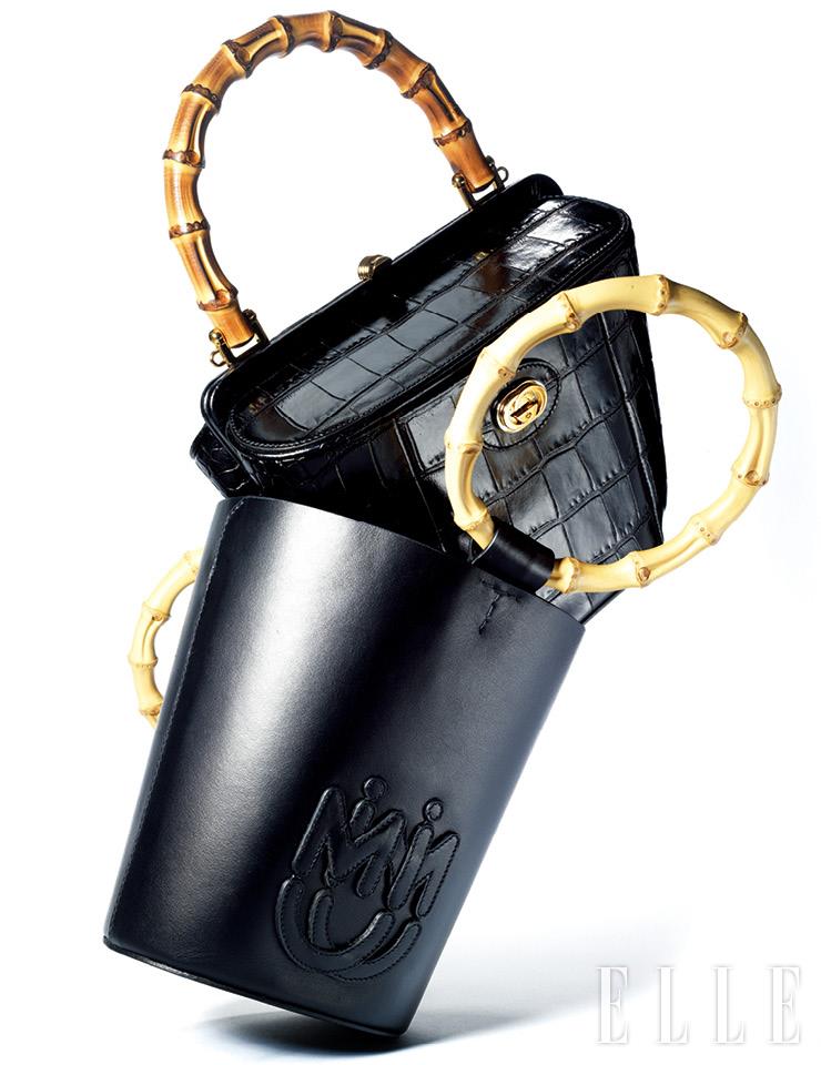크로커다일 소재의 스몰 버킷 백은 가격 미정, Gucci. 바구니를 연상시키는 뱀부 버킷 백은 1백88만원, Miu Miu.