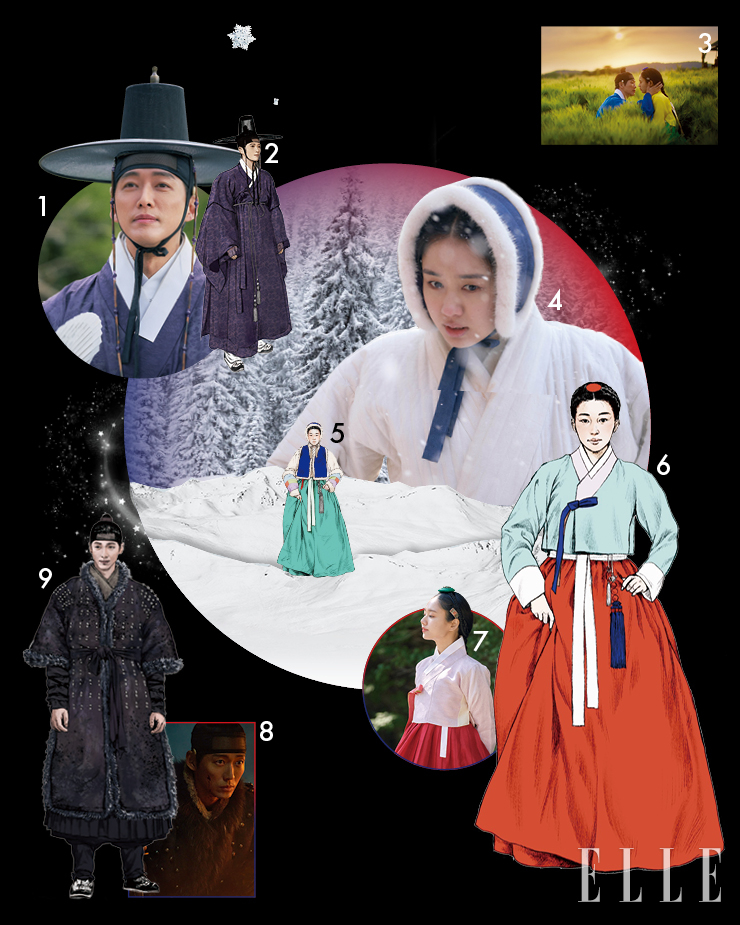1, 2 <연인> 속 장현의 한복과 스케치. 주름 잡힌 풍성한 도포를 디자인했다. 캐릭터의 깊이와 활동성을 표현하기 위해 도포에 철릭을 결합한 새로운 시도가 돋보인다. 3 극중 두 주인공이 첫 입맞춤을 한 청보리밭. 녹색 치마에 형광 안료를 넣어 자연색을 살려 효과를 극대화했다. 4, 5 한민족의 백색 컬러를 차용한 길채의 의복. ‘볼끼’는 아직 철없는 소녀의 모습을 투영한다. 6, 7 전쟁에 휘말리기 전 길채의 한복에 조선시대 사대부 여인처럼 조신한 이미지가 아닌, 봄과 같은 생명력과 화사함을 담아 캐릭터에 주체성을 부여했다. 8, 9 의병 출정식에서 입은 장현의 복색.