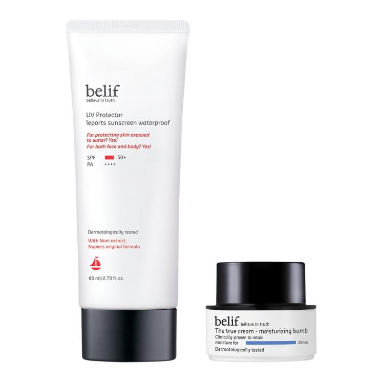 빌리프UV 프로텍터 레포츠 선스크린 워터프루프 세트 SPF50+ PA++++ - 얼굴, 몸 겸용 유기?무기 혼합 차단 성분 크림 타입 내수성 자외선 차단제 80mL, 더 트루 크림 모이스처라이징 밤 10mL 증정 4만 5천 원.